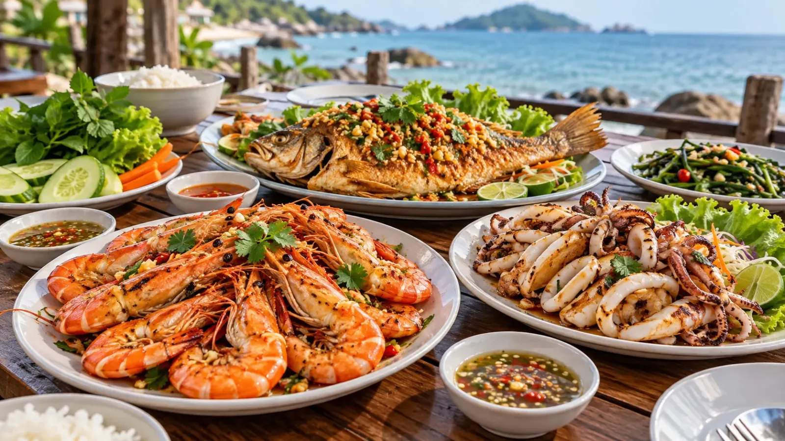Bữa ăn hải sản với tôm, mực và cá chế biến tại khu vực du lịch biển Hà Tiên.