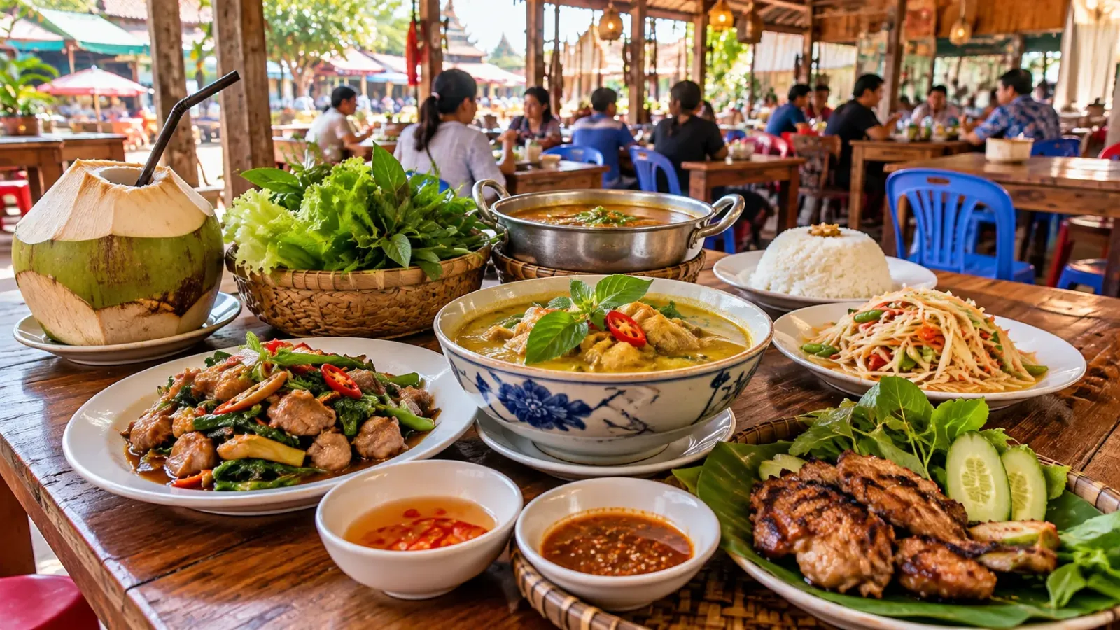 Bữa ăn Khmer bình dân với các món địa phương tại Campuchia