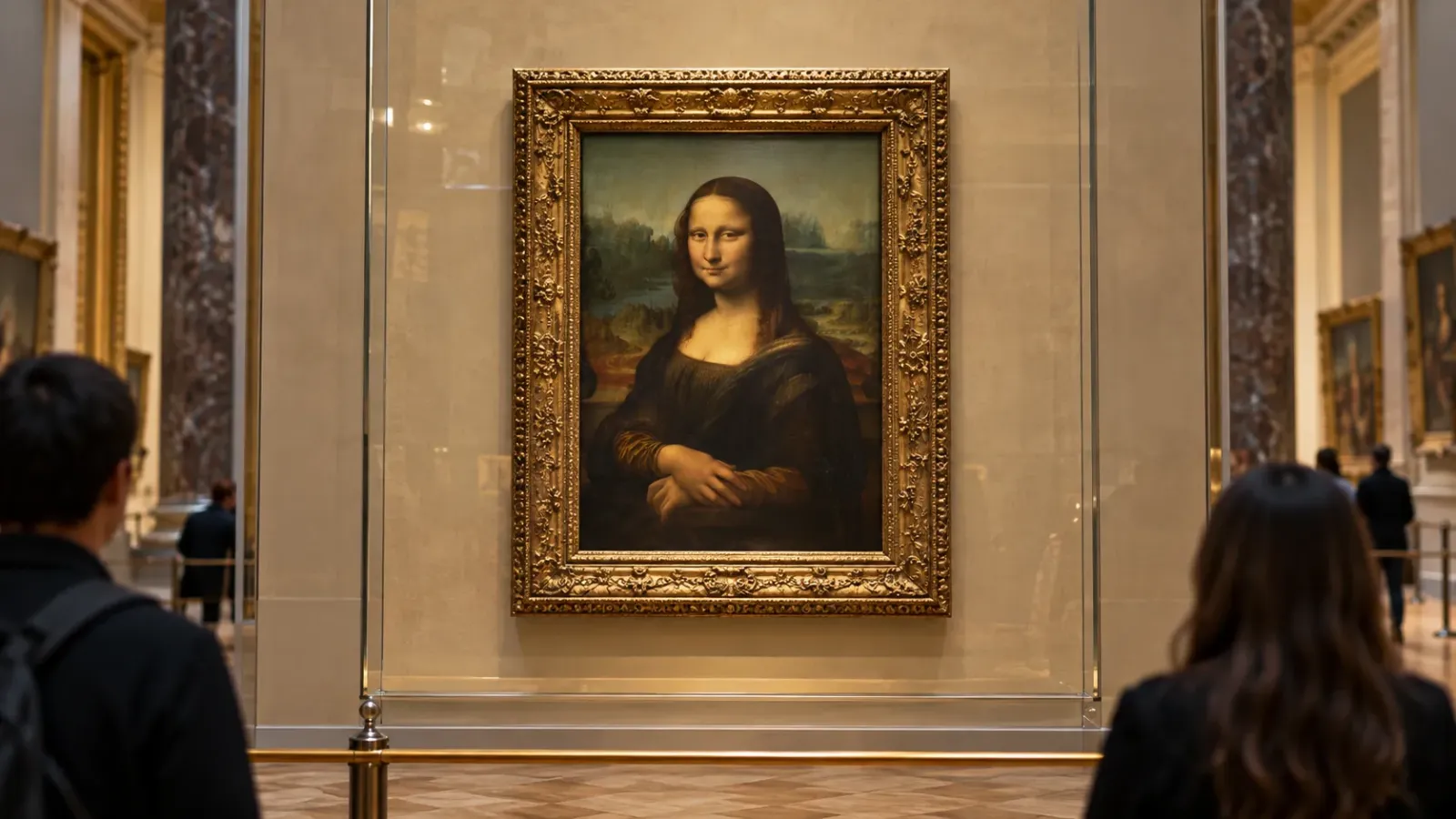 Bức tranh Mona Lisa của Leonardo da Vinci được trưng bày trong không gian bảo tàng Louvre tại Paris.