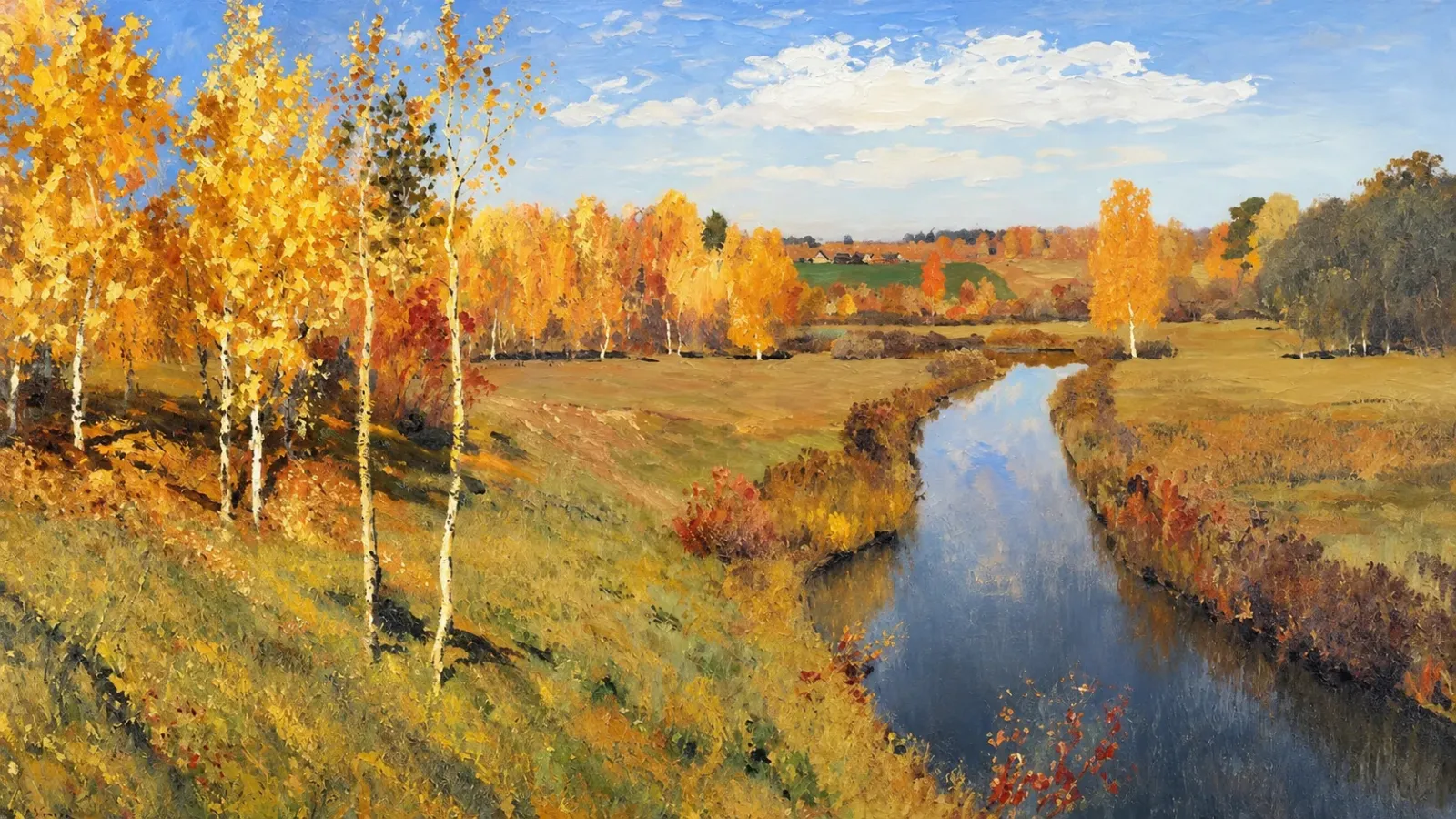 Bức tranh Mùa thu vàng năm 1895 của Isaac Levitan với rừng cây lá vàng bên dòng nước và bầu trời mùa thu