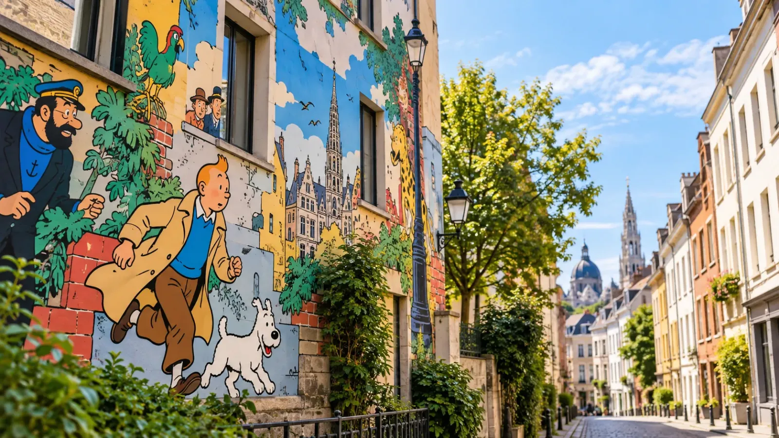 Bức tranh tường truyện tranh nhiều màu sắc trên mặt tiền một tòa nhà tại Brussels, Bỉ.