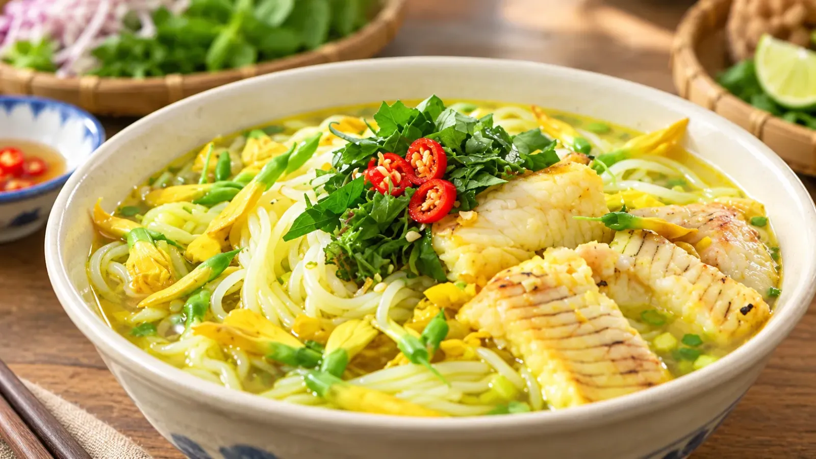 Tô bún cá Miền Tây với nước dùng, thịt cá và rau ăn kèm