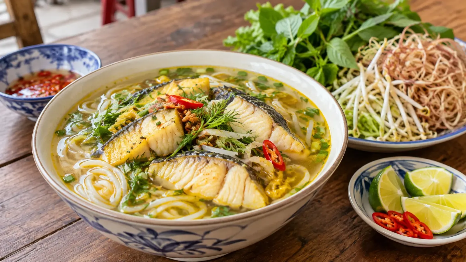 Tô bún cá Long Xuyên với cá lóc và các loại rau ăn kèm