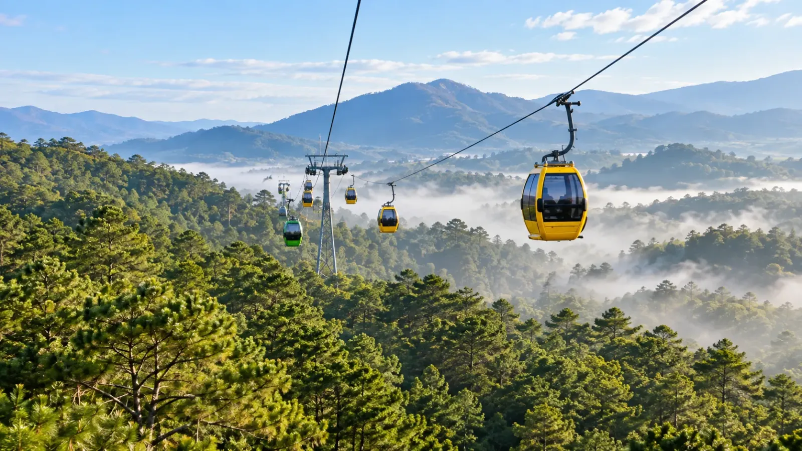 Cabin cáp treo Đồi Robin di chuyển phía trên rừng thông tại Đà Lạt