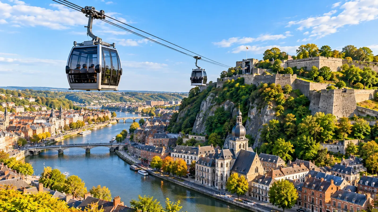 Cabin cáp treo Namur di chuyển trên cao giữa khu trung tâm và pháo đài Citadel