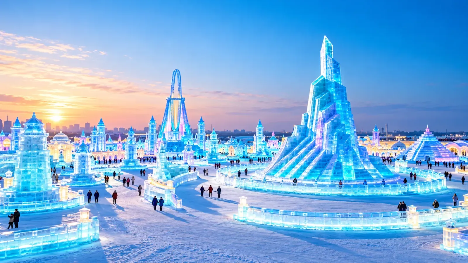 Các công trình kiến trúc bằng băng được chiếu sáng tại Harbin Ice-Snow World ở Cáp Nhĩ Tân