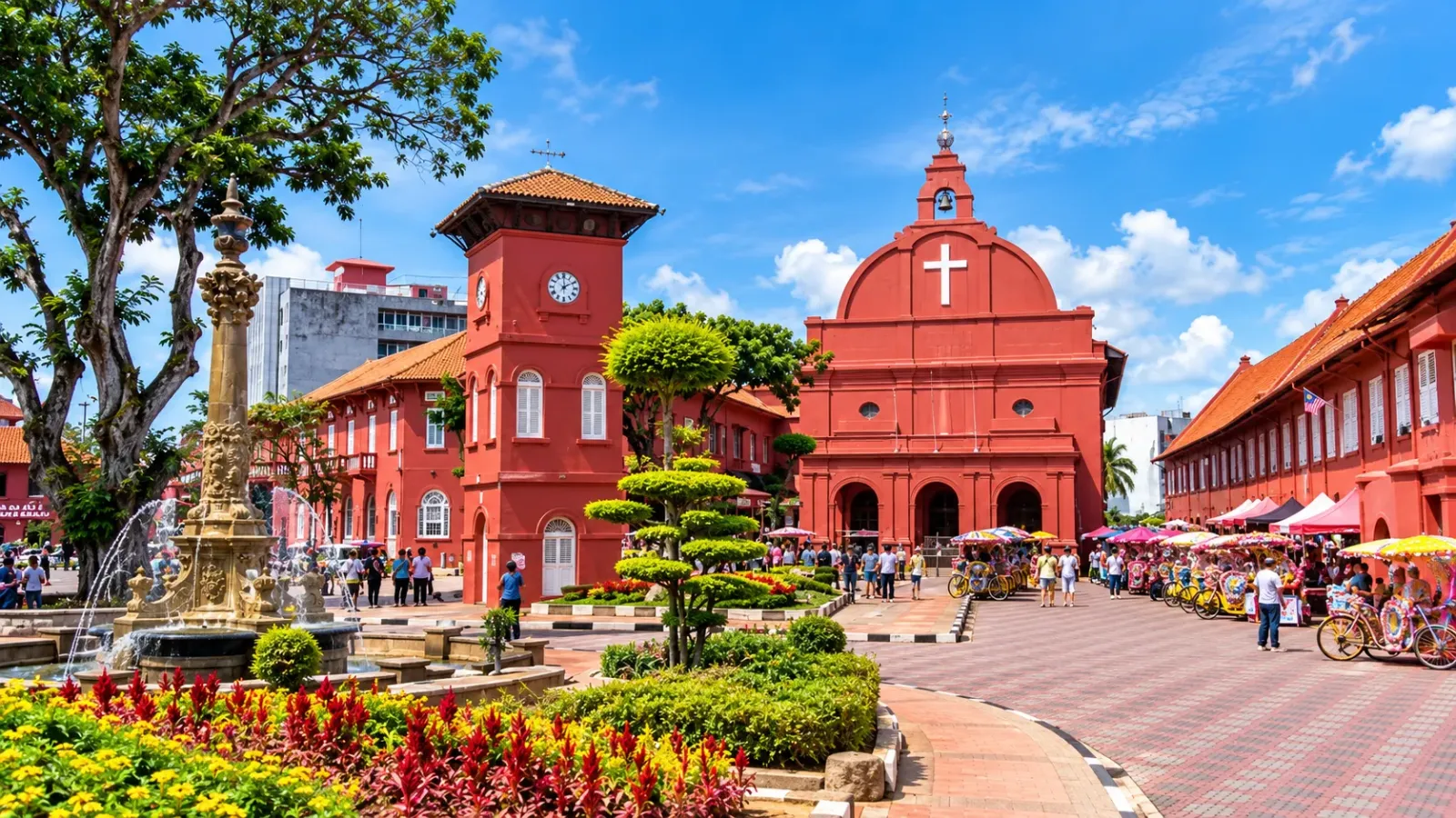 Các công trình kiến trúc màu đỏ tại Dutch Square ở thành phố lịch sử Melaka Malaysia