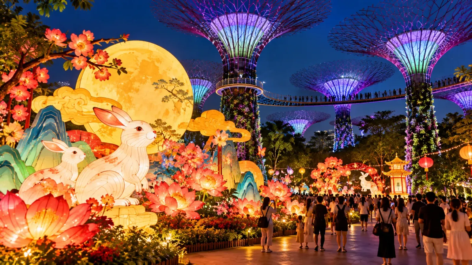 Các cụm đèn lồng nghệ thuật được trưng bày tại Gardens by the Bay trong mùa Trung thu Singapore