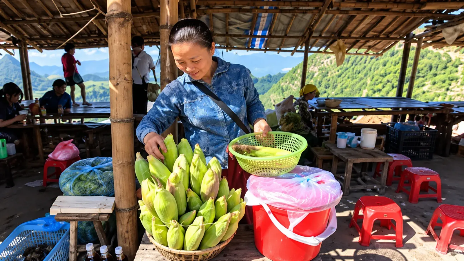 Các gian hàng bán đồ ăn và sản vật địa phương tại khu vực chợ ven đèo Thung Khe