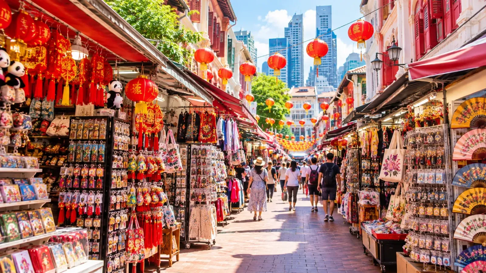 Các gian hàng bán đồ lưu niệm và phụ kiện tại khu phố mua sắm Chinatown ở Singapore