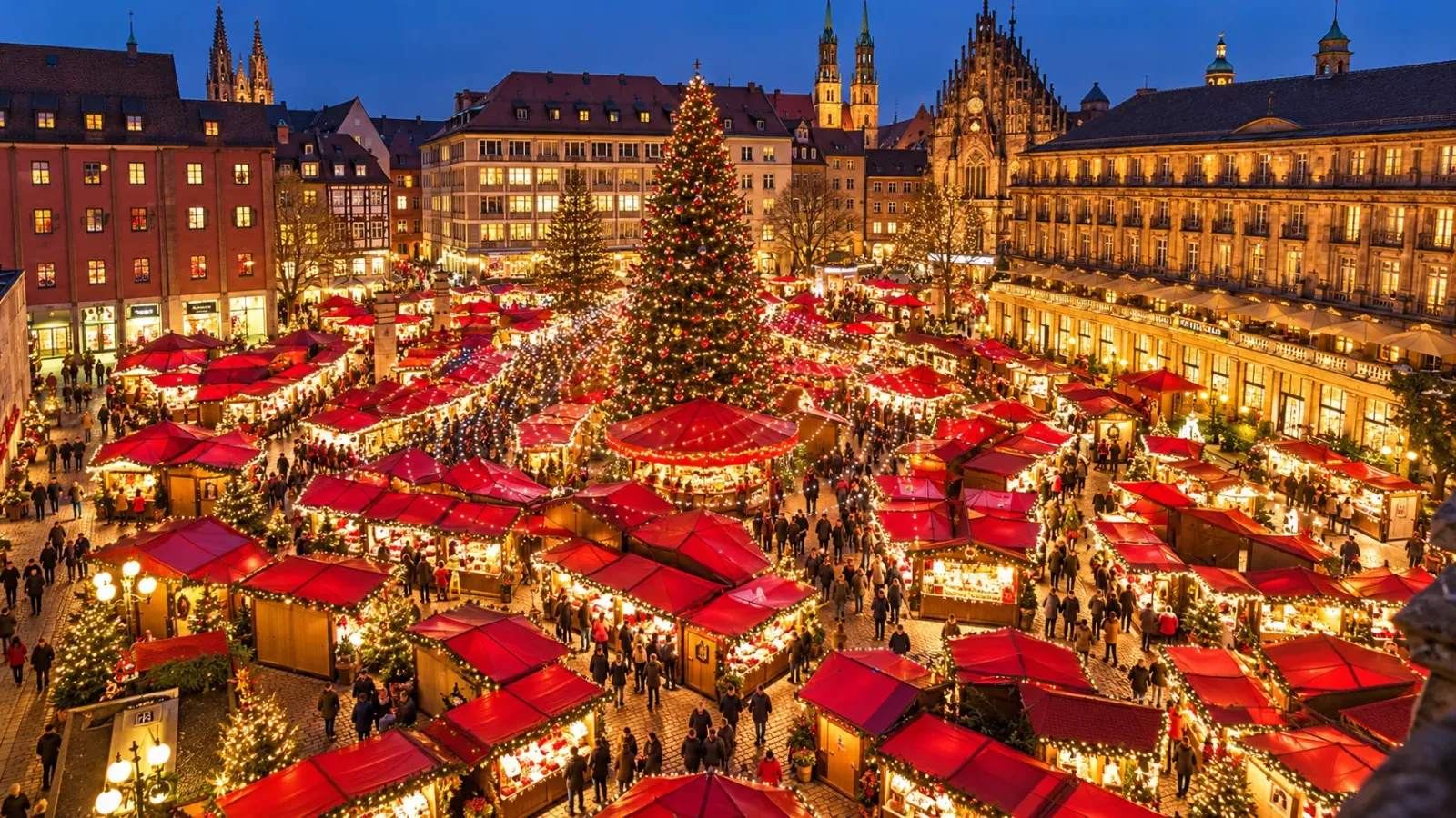 Các gian hàng chợ Giáng sinh Christkindlesmarkt tại quảng trường Hauptmarkt ở Nuremberg