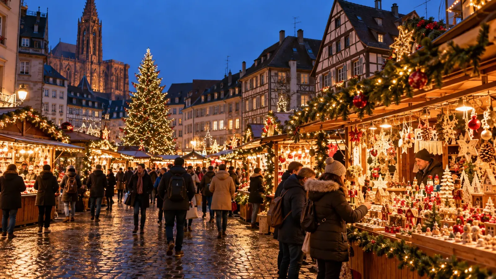 Các gian hàng và ánh đèn tại chợ Giáng sinh Strasbourg ở Pháp