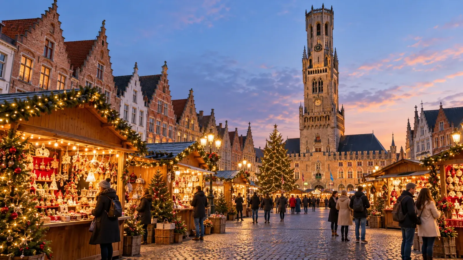 Các gian hàng chợ Giáng sinh tại quảng trường Markt với tháp Belfry ở Bruges, Bỉ.