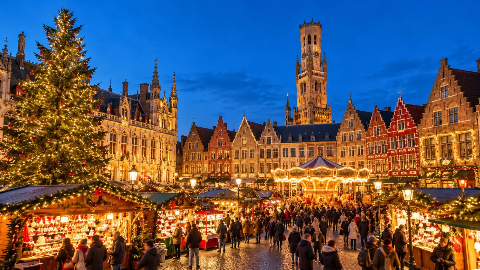 Các gian hàng chợ Giáng sinh và những công trình cổ được trang trí ánh đèn mùa đông tại Bruges.