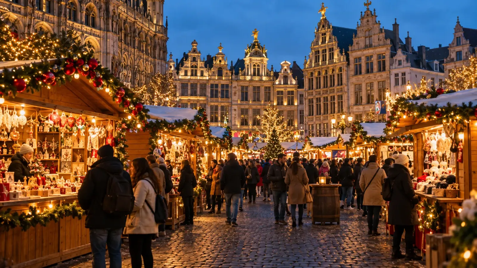 Các gian hàng chợ Giáng sinh Winter Wonders được trang trí ánh đèn tại khu vực trung tâm Brussels
