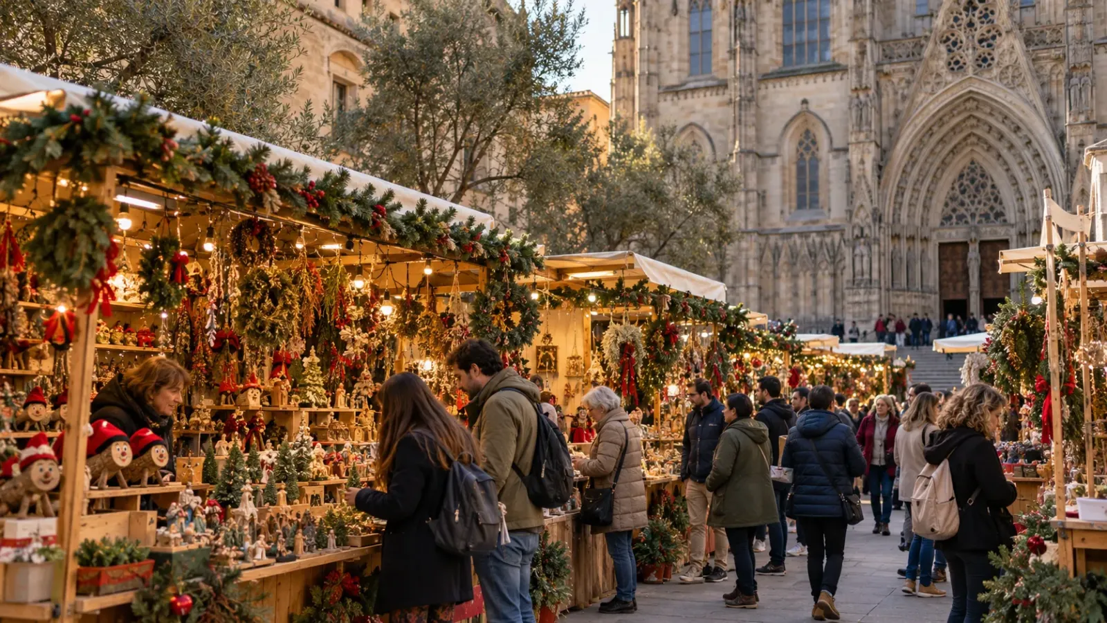 Các gian hàng Giáng sinh của Fira de Santa Llúcia trước Nhà thờ Barcelona