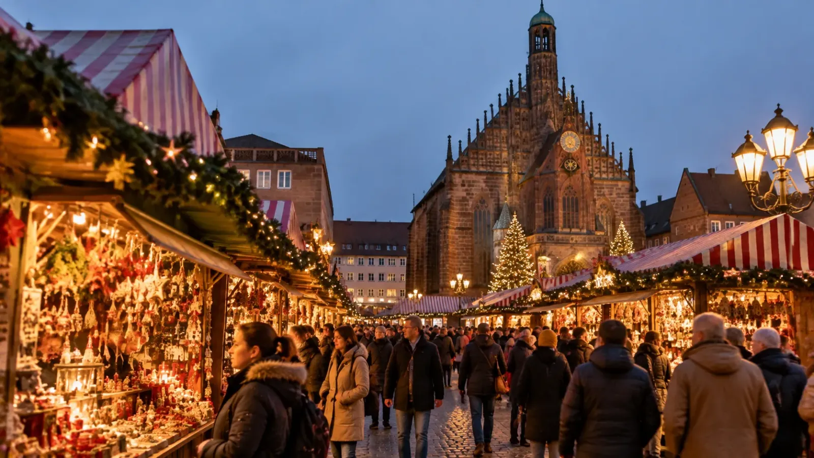 Chợ Christkindlesmarkt tại Nuremberg với các gian hàng trang trí và không khí lễ hội mùa đông