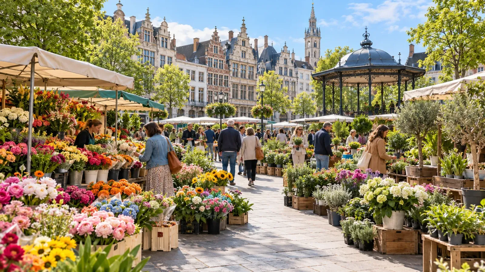 Các gian hàng hoa và cây cảnh tại chợ hoa Kouter ở thành phố Ghent