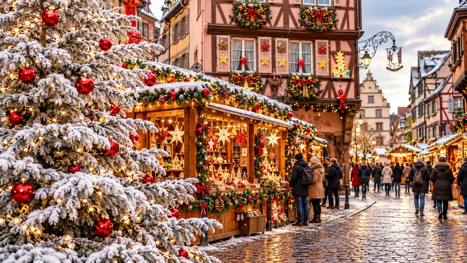 Các gian hàng hội chợ Giáng sinh Strasbourg giữa những con phố cổ vùng Alsace của Pháp