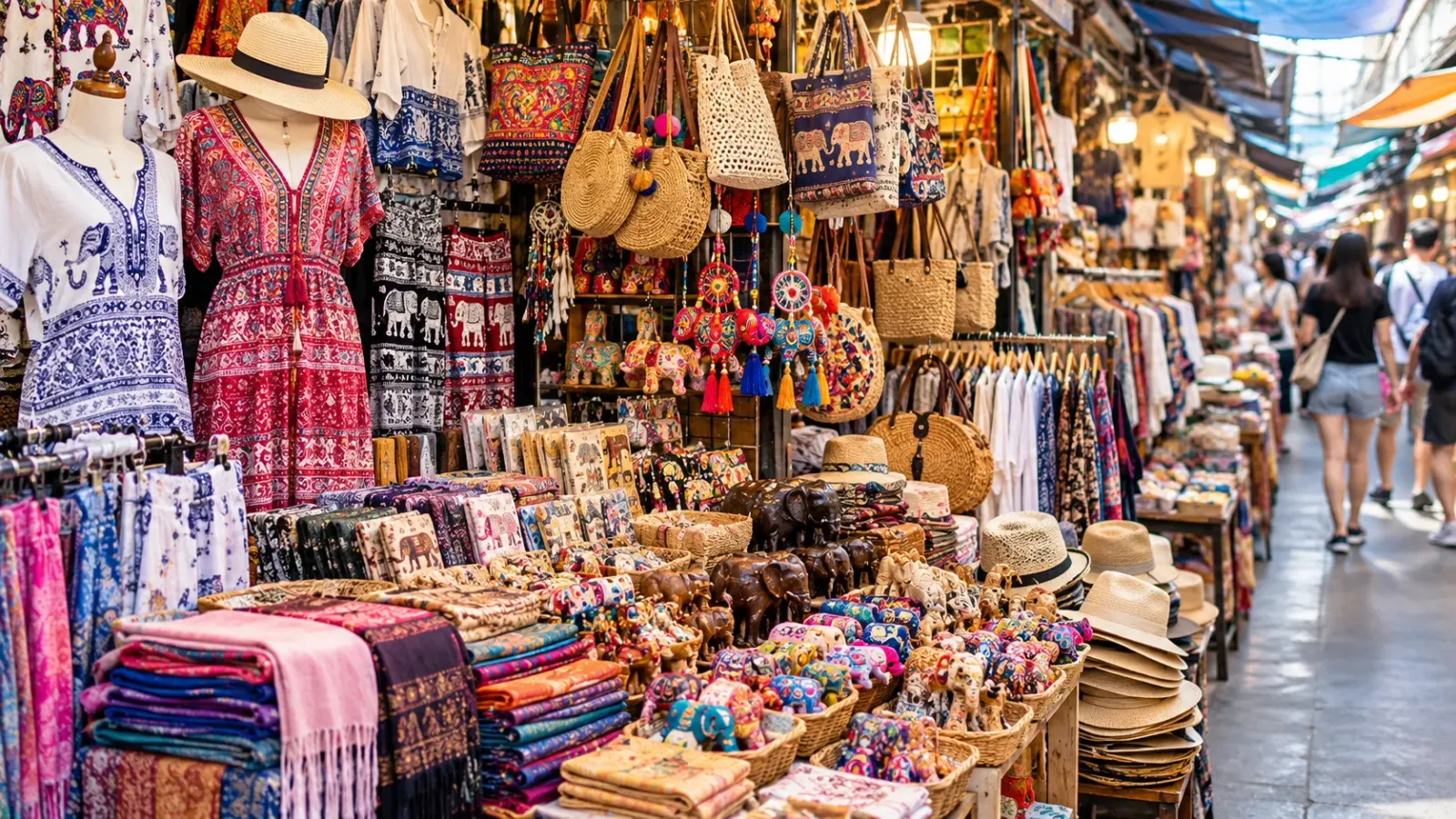 Các gian hàng quần áo và đồ lưu niệm tại chợ Chatuchak ở Bangkok