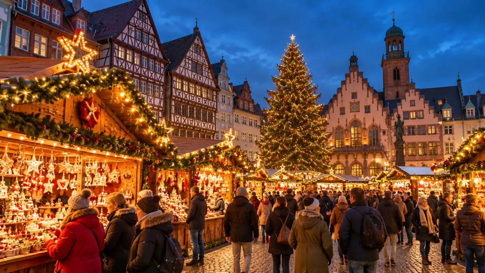 Các gian hàng tại chợ Giáng sinh Frankfurt ở Đức trong không khí lễ hội