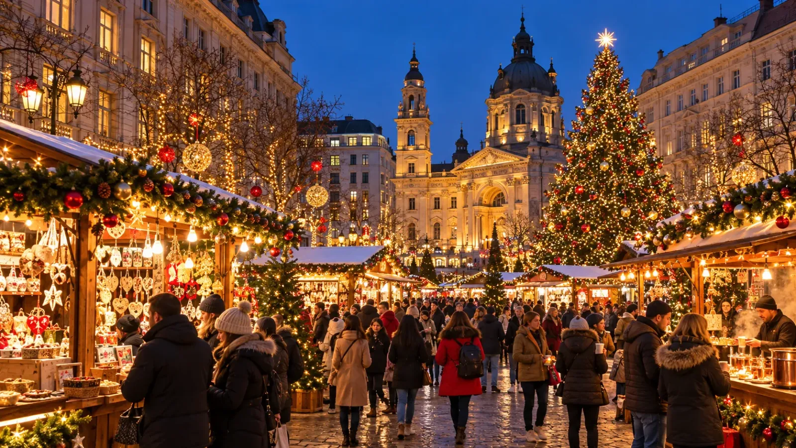 Các gian hàng và ánh đèn tại chợ Giáng sinh Vörösmarty ở Budapest Hungary