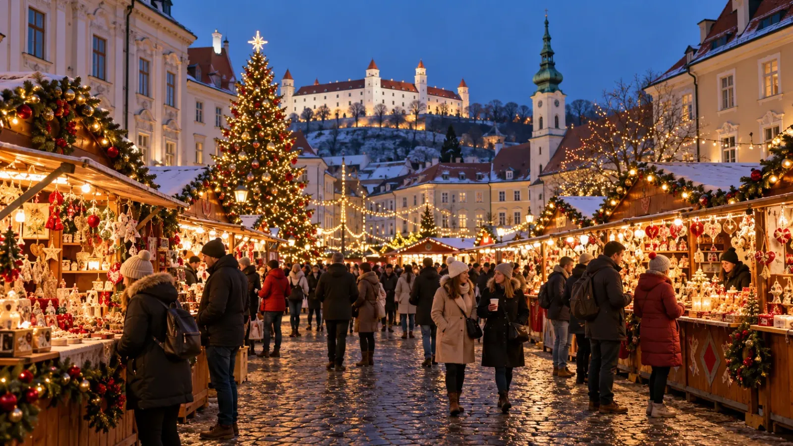 Các gian hàng và đèn trang trí tại chợ Giáng sinh ở trung tâm Bratislava Slovakia