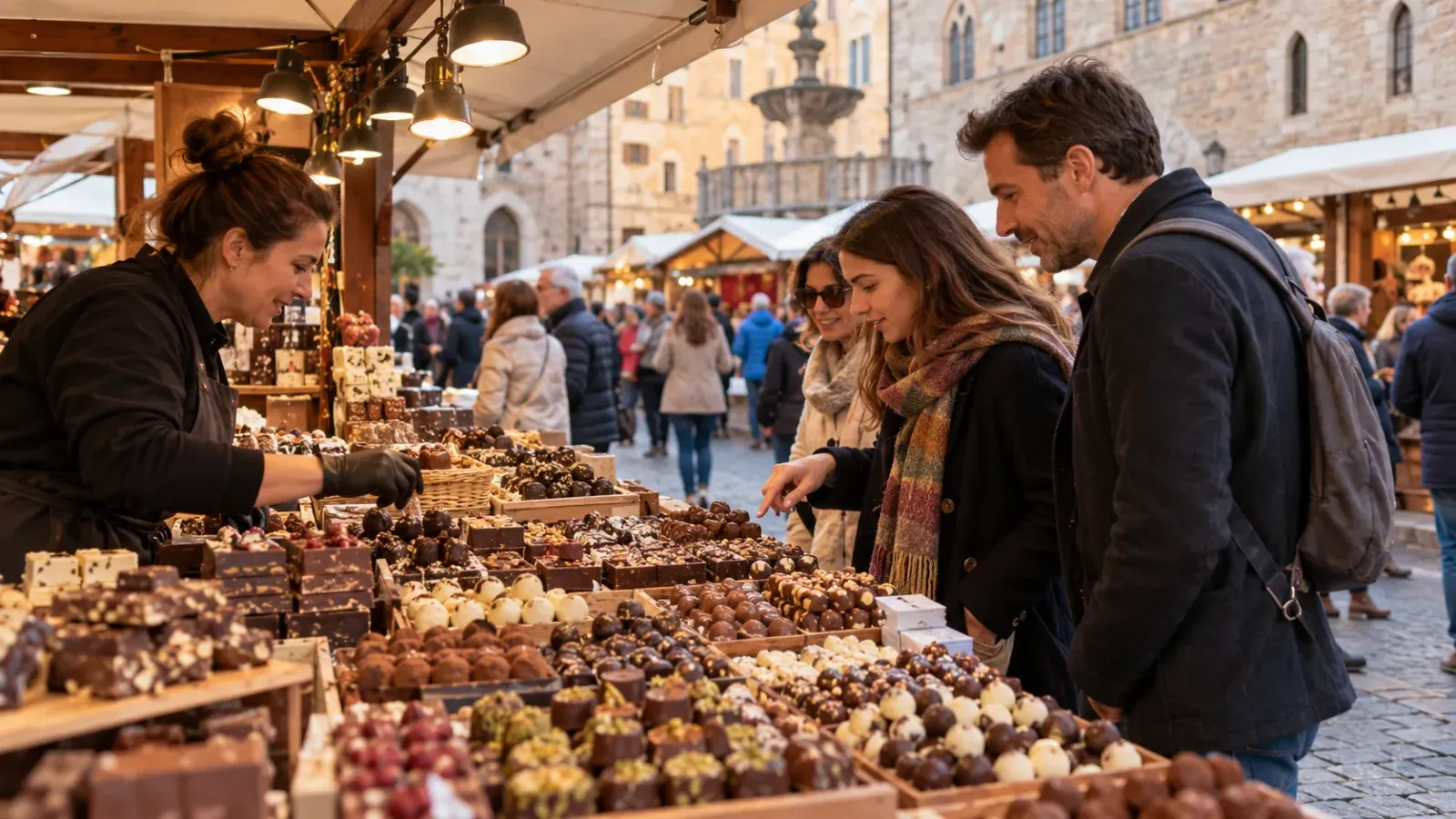Các gian hàng và sản phẩm chocolate được trưng bày trong không gian lễ hội Eurochocolate tại Perugia Ý