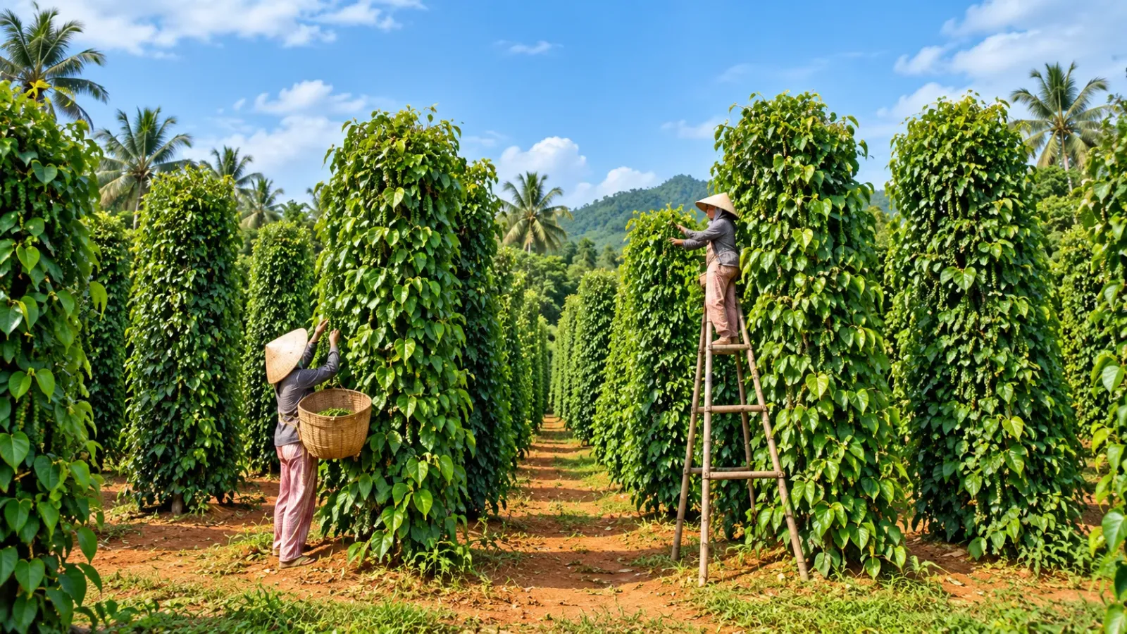Các hàng cây tiêu được trồng trong vườn tiêu tại Phú Quốc