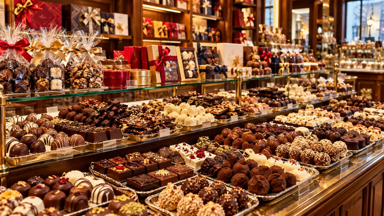 Các loại chocolate và sản phẩm chocolate đóng hộp được trưng bày trong một cửa hàng tại Bỉ.