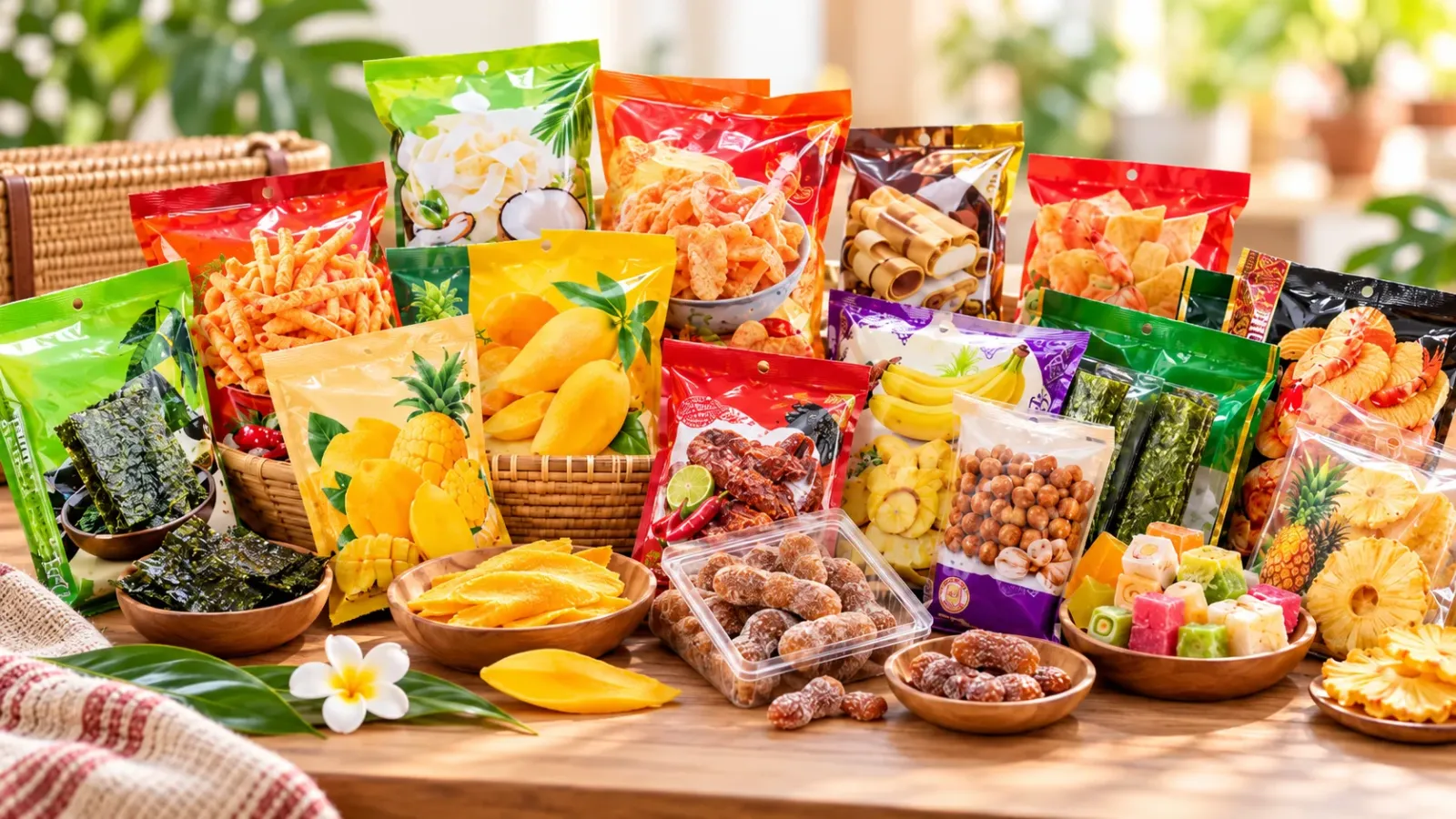 Các loại snack rong biển, trái cây sấy và bánh kẹo Thái Lan đóng gói
