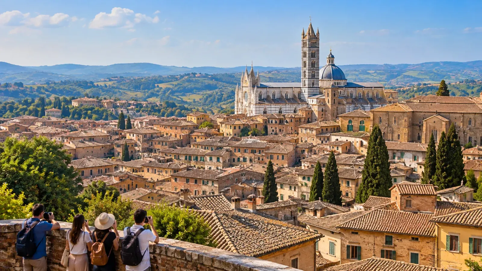 Các mái nhà cổ của Siena với nhà thờ chính tòa nổi bật phía sau và du khách ngắm cảnh