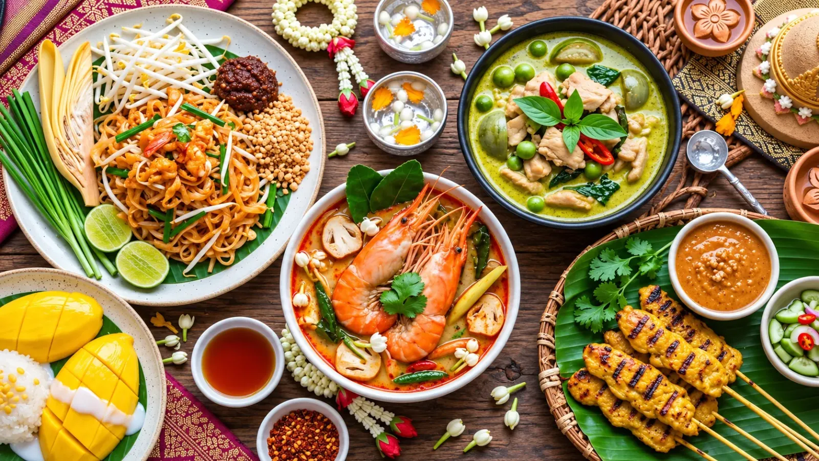Các món ăn đặc trưng của ẩm thực Thái Lan gồm Pad Thai, Tom Yum, gỏi đu đủ và xôi xoài