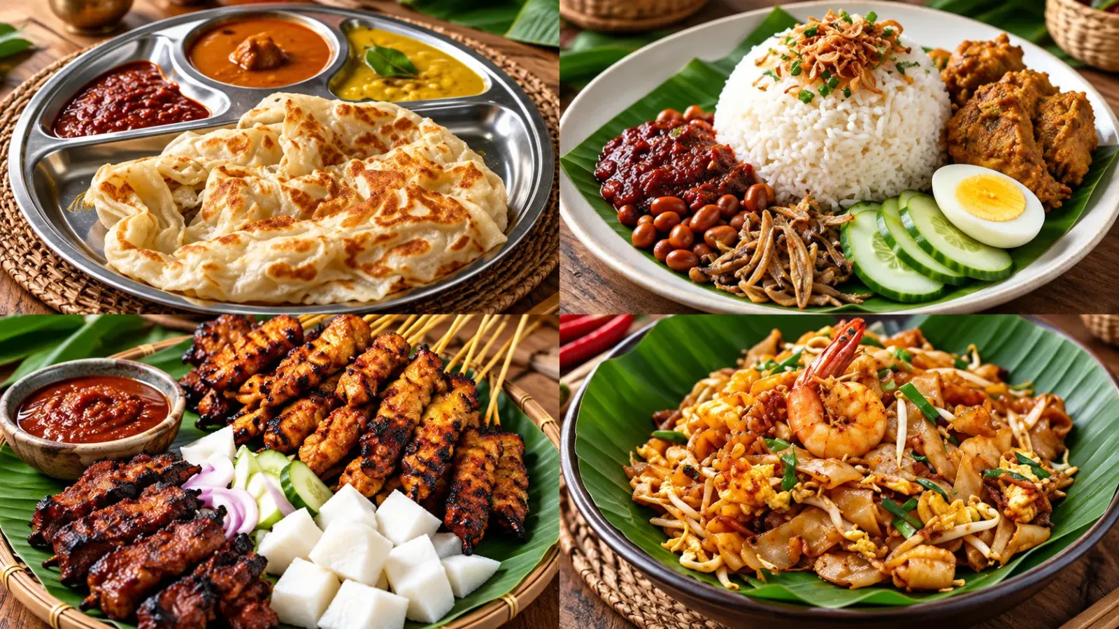 Các món ăn đặc trưng Malaysia gồm nasi lemak roti canai và satay