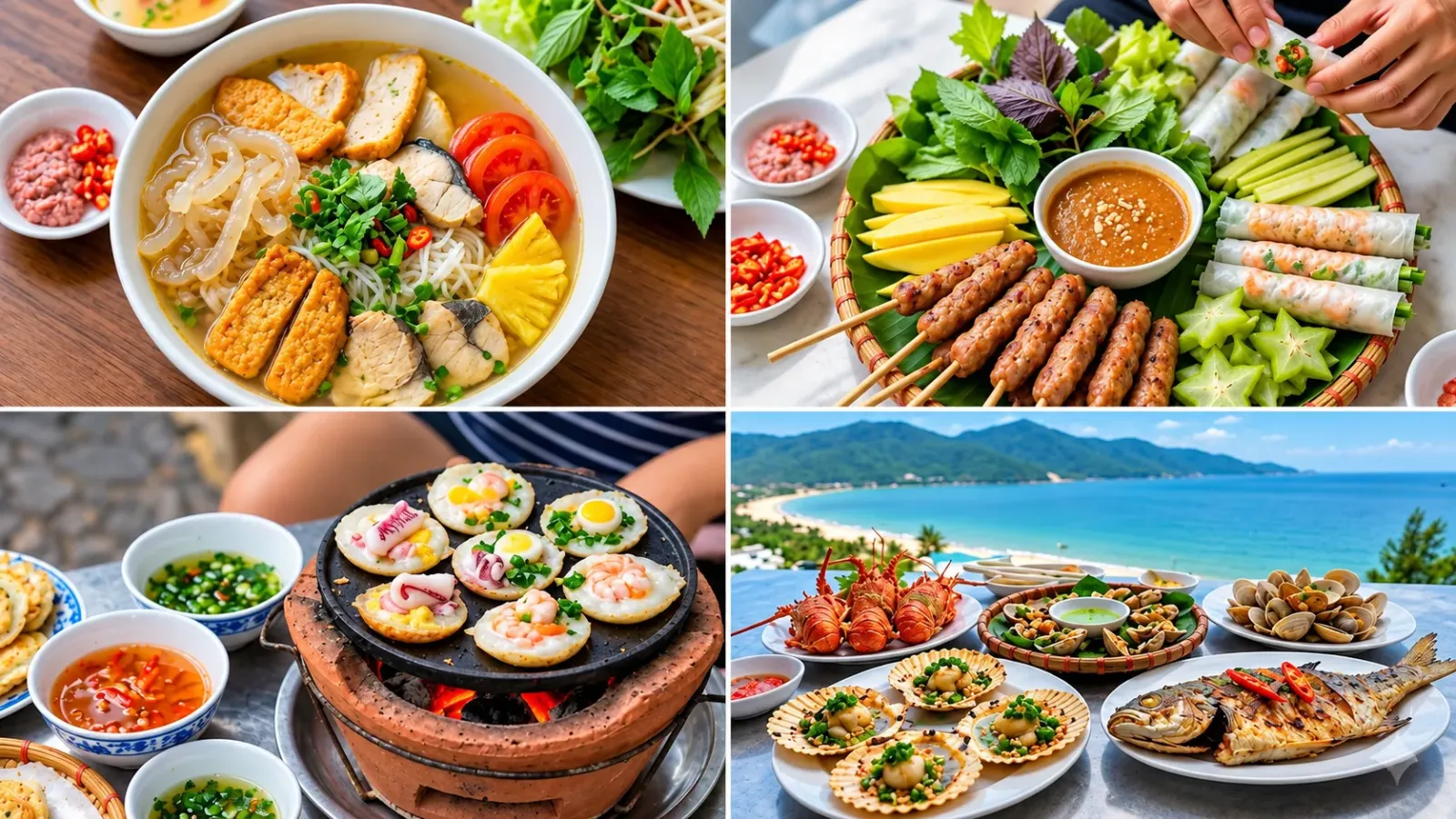 Các món ăn đặc trưng Nha Trang gồm nem nướng, bánh căn, bún cá và hải sản