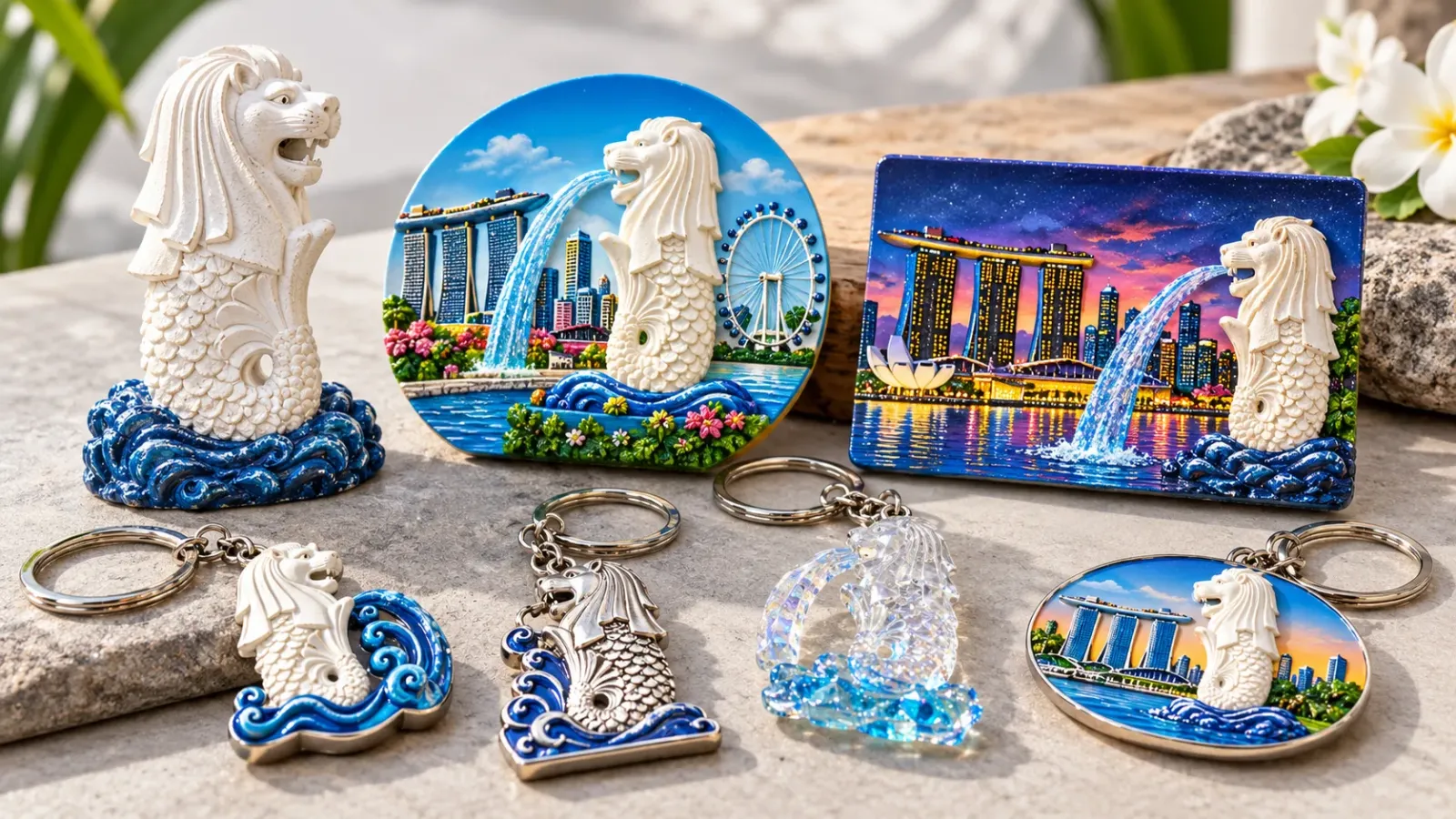 Các món quà lưu niệm hình Merlion gồm tượng nhỏ móc khóa và nam châm trang trí