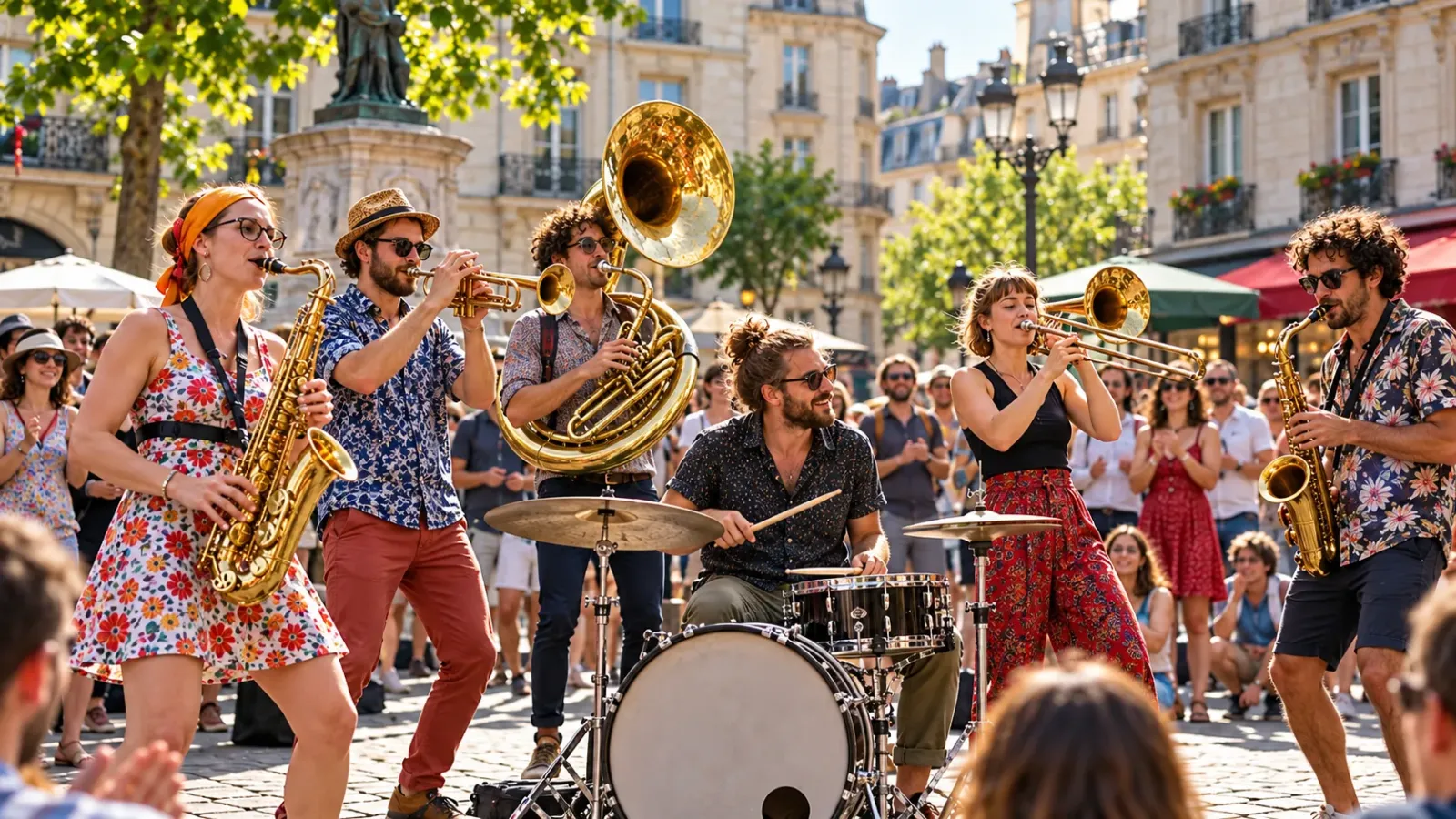 Các nghệ sĩ biểu diễn âm nhạc đường phố trong lễ hội Fête de la Musique tại Pháp