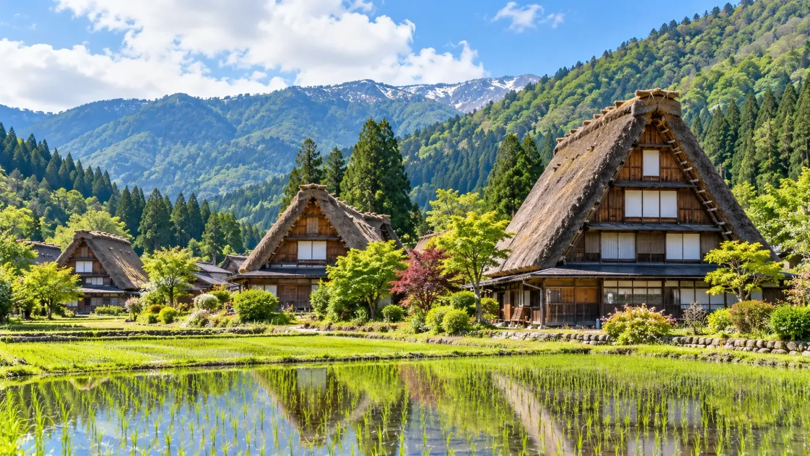 Các ngôi nhà mái tranh gassho-zukuri tại làng cổ Shirakawa-go thuộc tỉnh Gifu Nhật Bản.