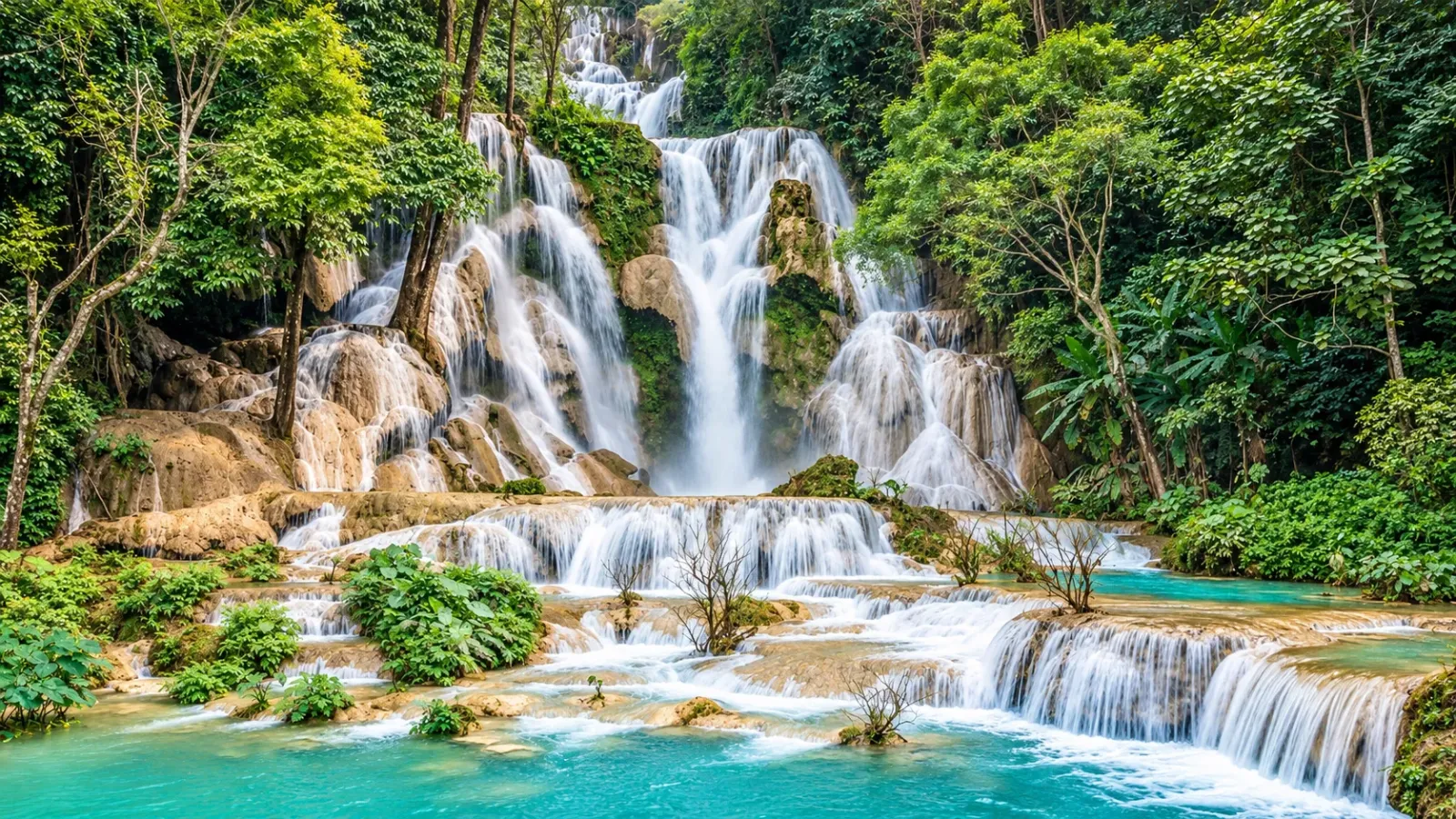 Các tầng thác Kuang Si với hồ nước xanh giữa rừng cây gần Luang Prabang Lào