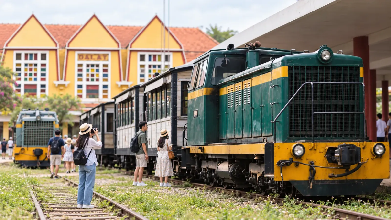 Các toa tàu du lịch và du khách tại khu vực Ga Đà Lạt