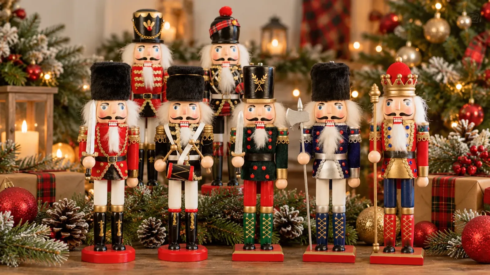 Các tượng Nutcracker bằng gỗ hình người lính với trang phục Giáng sinh truyền thống của Đức