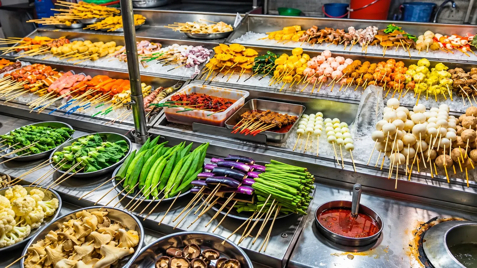 Các xiên Lok Lok gồm rau củ thịt viên đậu phụ và hải sản tại quầy ăn đường phố Malaysia