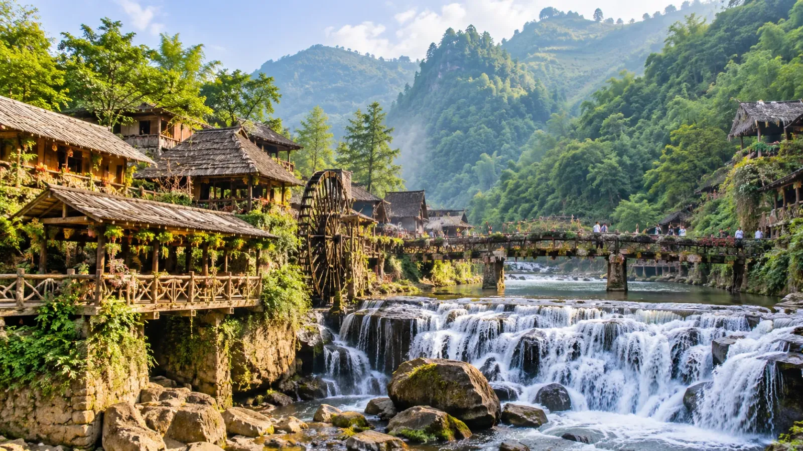 Cảnh bản Cát Cát với nhà truyền thống và không gian núi rừng Sa Pa