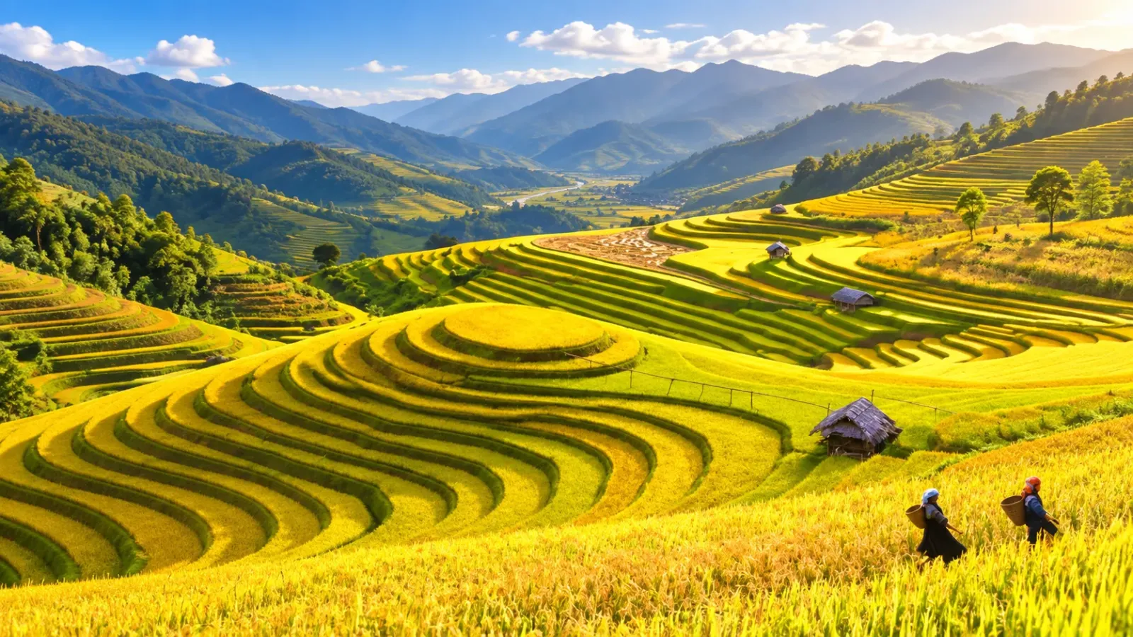 Cánh đồng lúa giữa thung lũng Mai Châu vào mùa đẹp