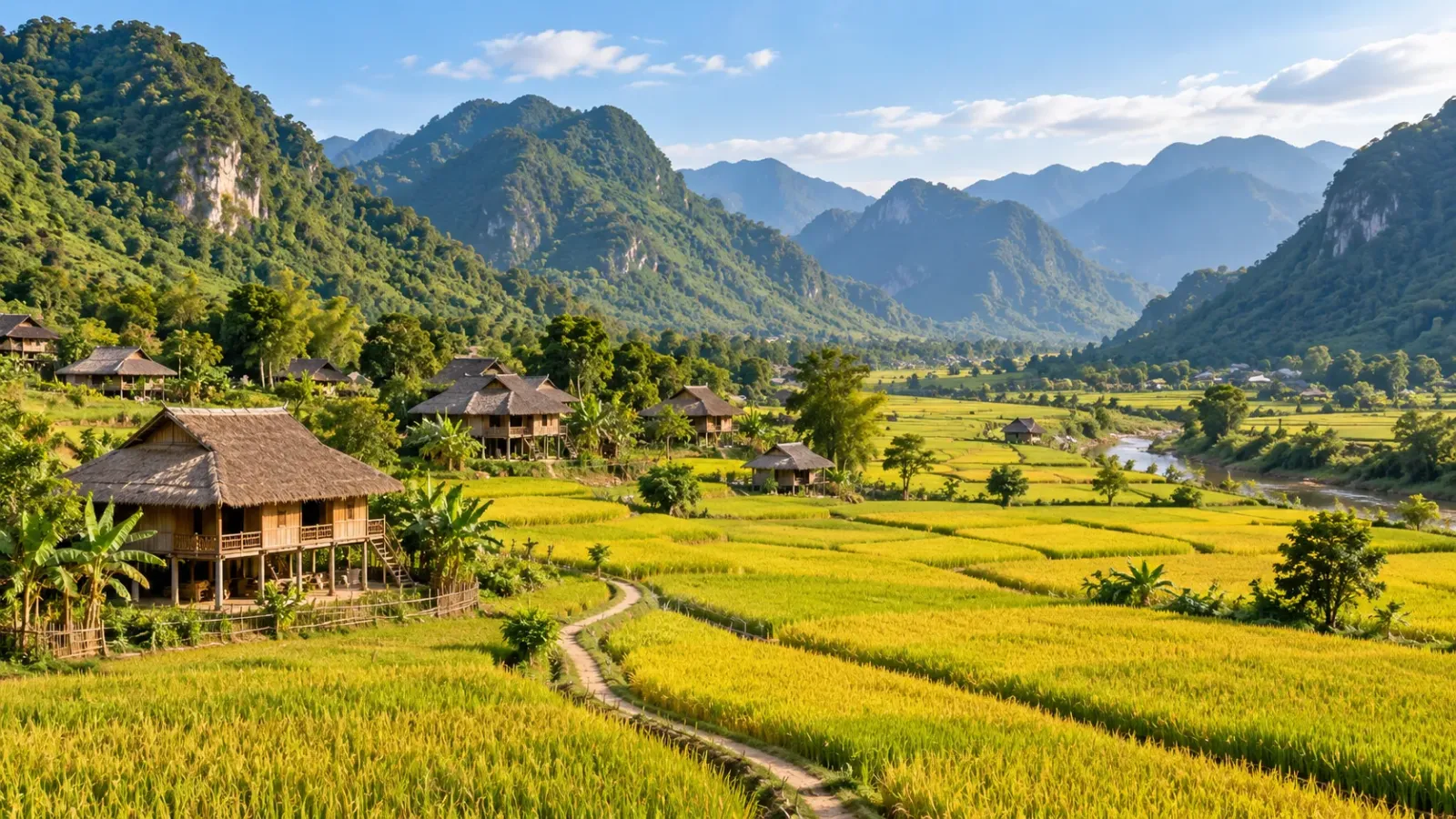 Cánh đồng lúa và bản làng trong thung lũng Mai Châu vào mùa thu