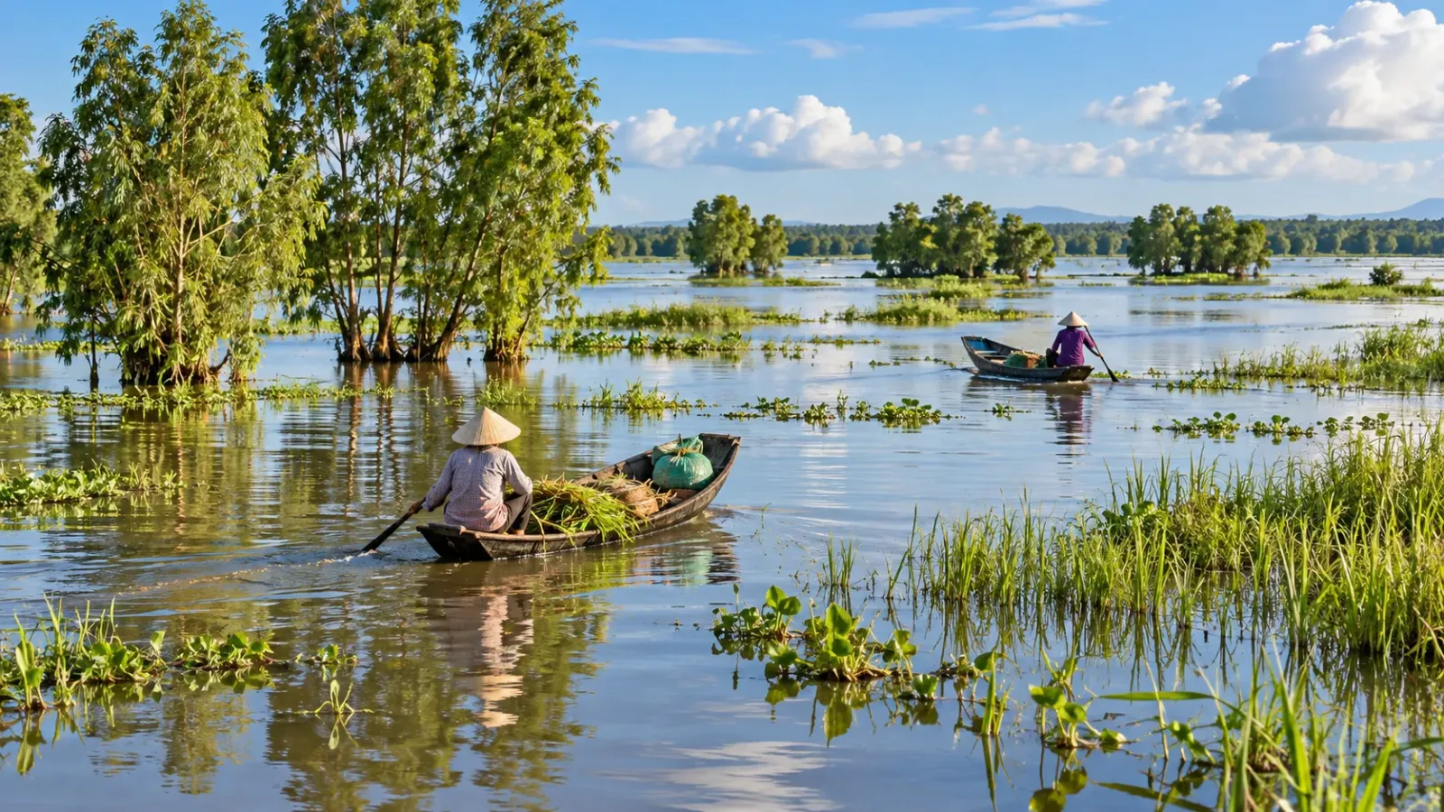 Cảnh ghe xuồng di chuyển giữa vùng ngập nước vào mùa nước nổi ở miền Tây
