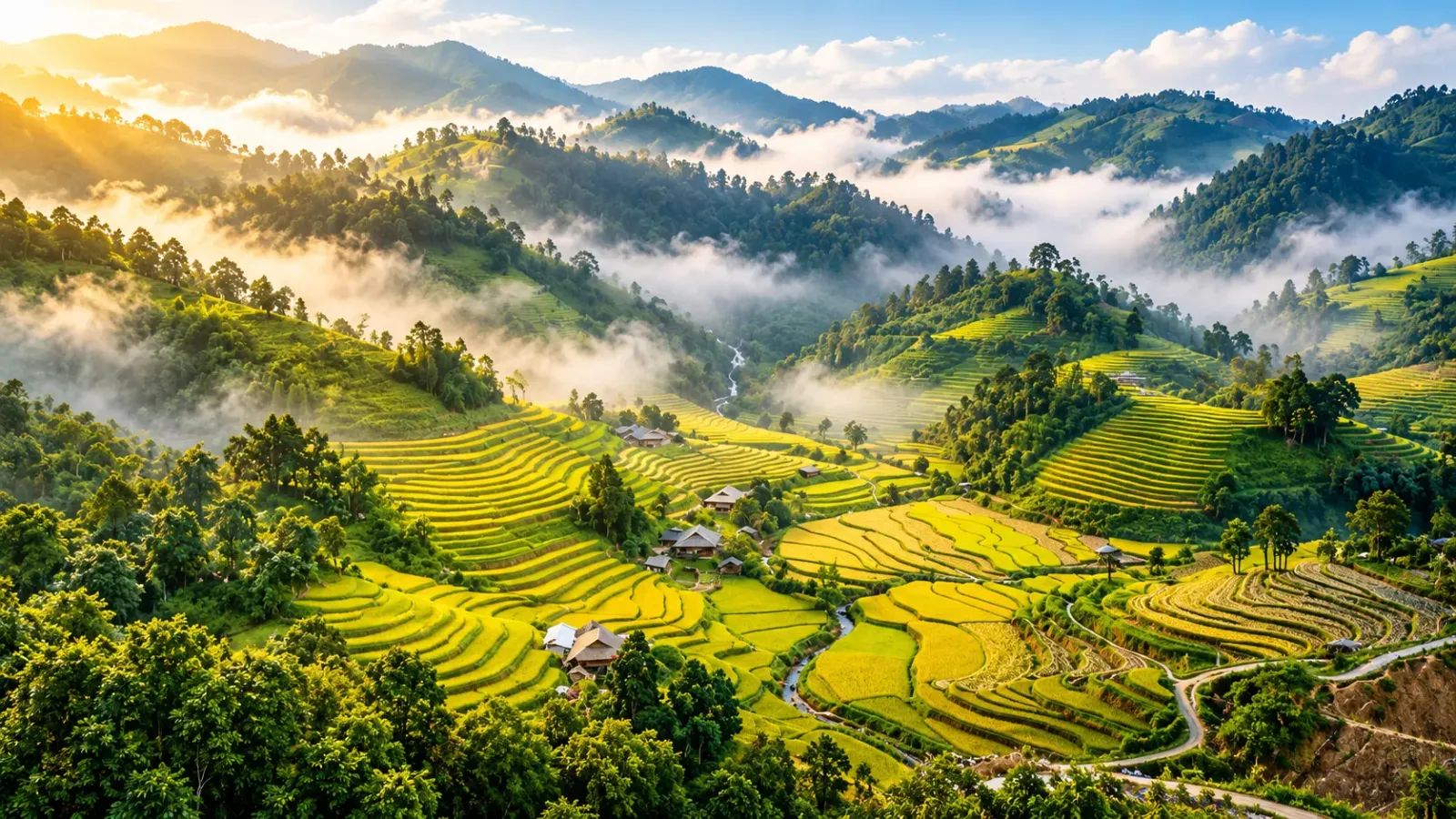 Cảnh núi đồi và ruộng bậc thang giữa biển mây trong ánh nắng sớm