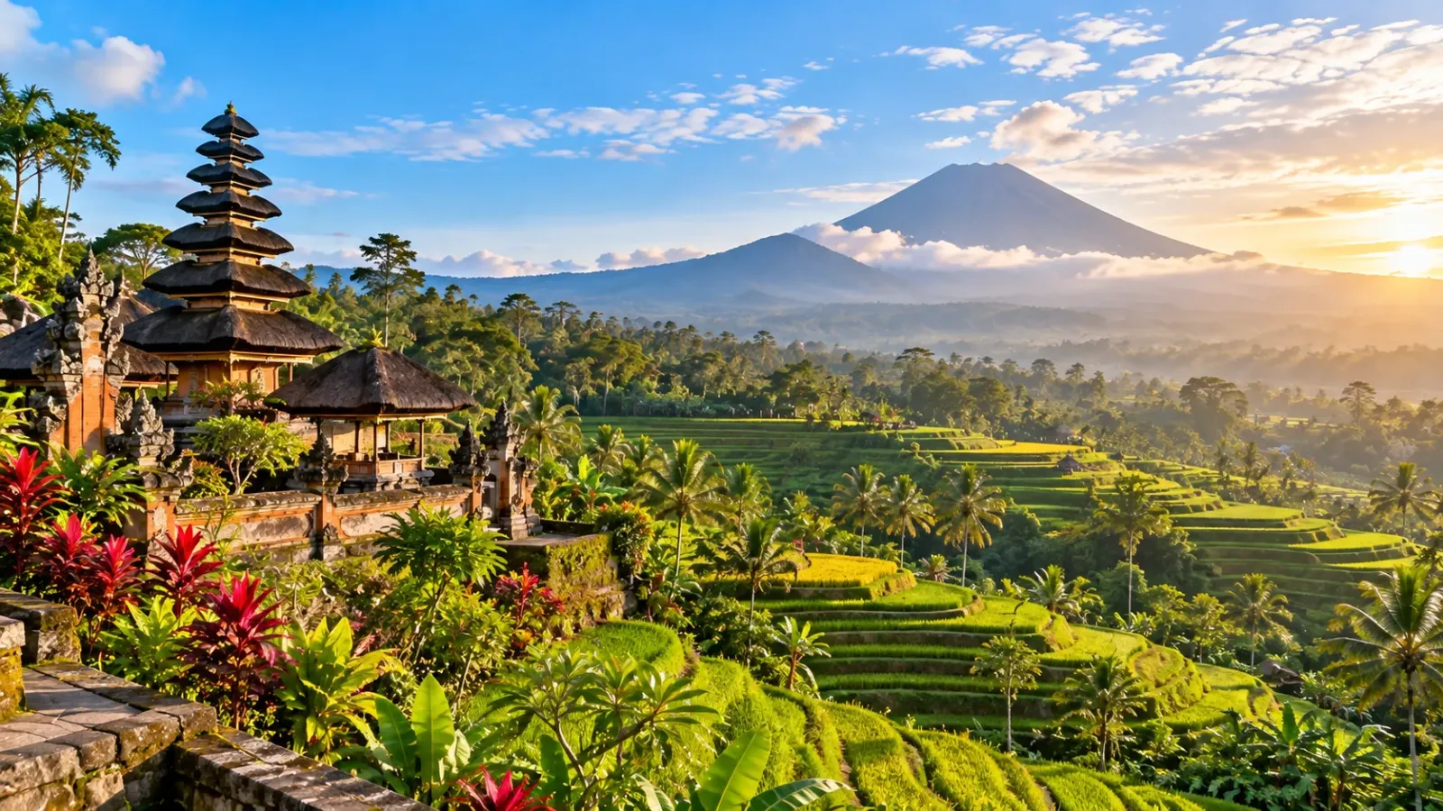 Cảnh quan Bali Indonesia với ruộng bậc thang xanh và núi đồi nhiệt đới