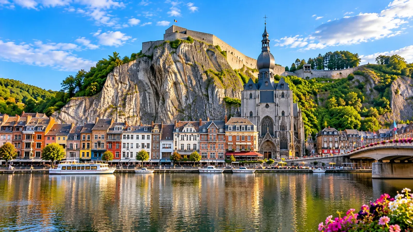 Cảnh quan Dinant bên sông Meuse với nhà thờ Notre-Dame và vách đá phía sau