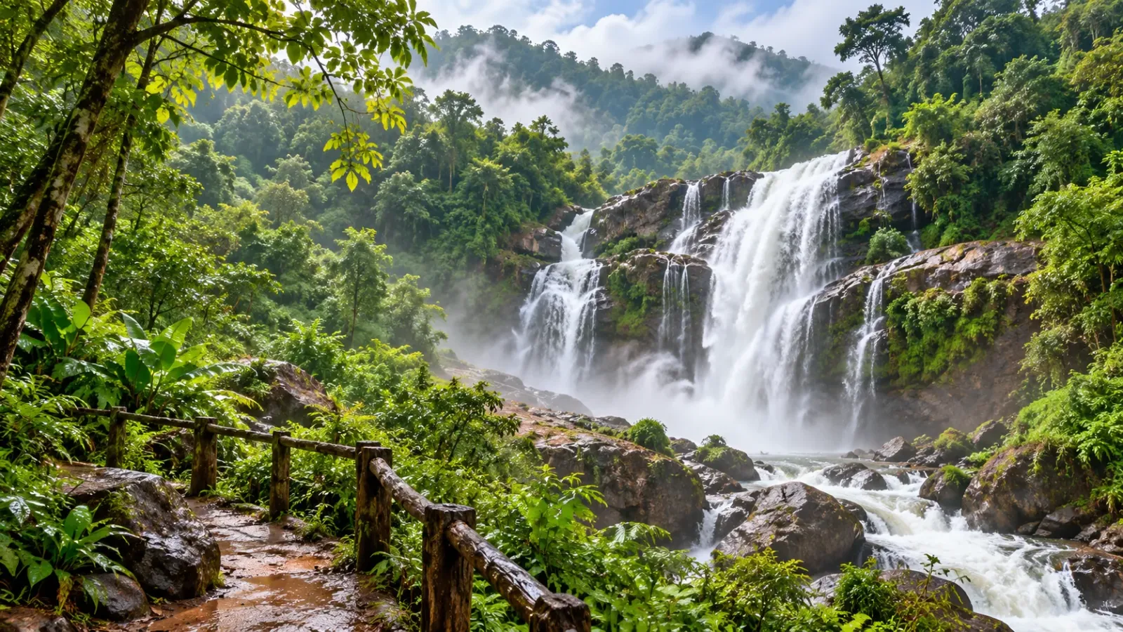 Cảnh quan đồi núi và thảm thực vật xanh tươi tại miền Bắc Thái Lan trong mùa mưa.